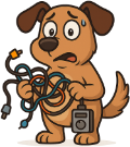 Cartoon dog tangled in wires fixing technical equipment